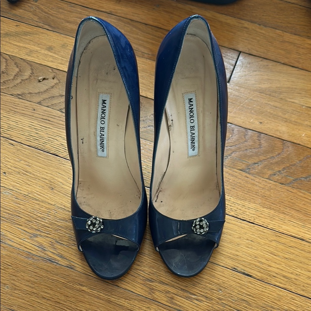 Manolo Blahnik Navy Patten Leather Peep-toe Heels